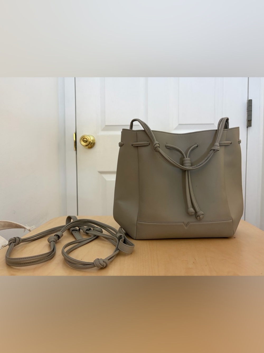 Pebbled Taupe Drawstring Shoulder Bag with Adjustable Strap